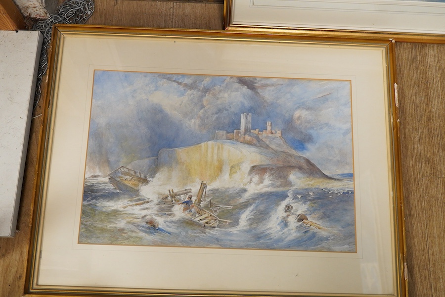 A R Yates, Street scene, watercolour, together with an early 20th century pair of watercolours to include a shipwreck scene, each signed, largest 36 x 56cm